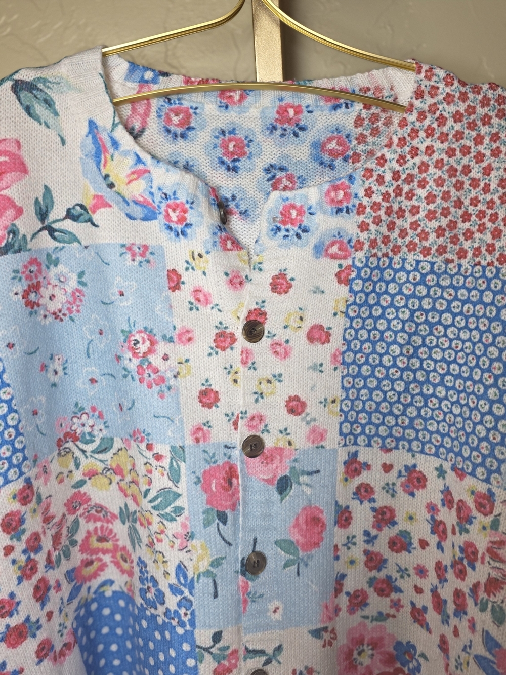Patchwork Floral Polka Dot Oversized Button-Front Sweater Cardigan in Pink Blue - Picture 2 of 9